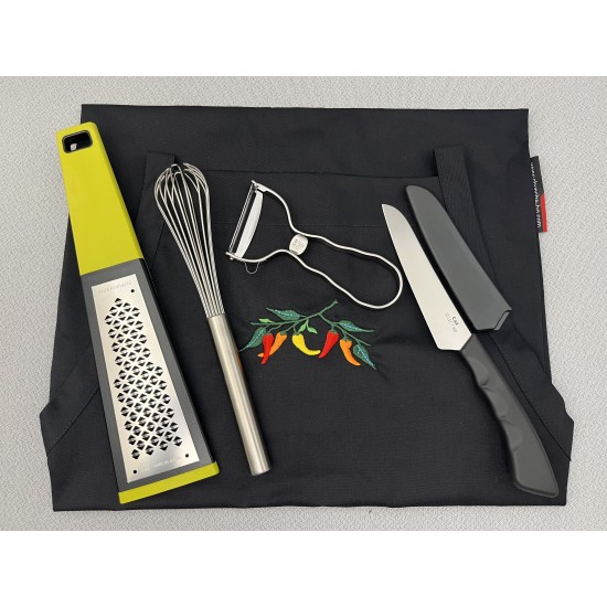 SET DH-PG-AB Комплект кухненски аксесоари нож, белачка, ренде, бъркалка и престилка